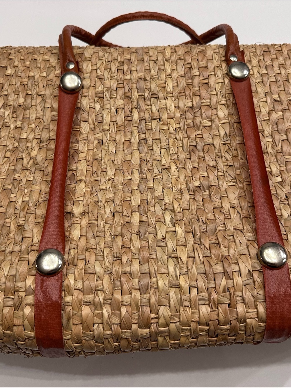 Vintage 70s Mexican Straw Woven Basket Purse Floral Raffia Boho Box Bag - Picture 5 of 15